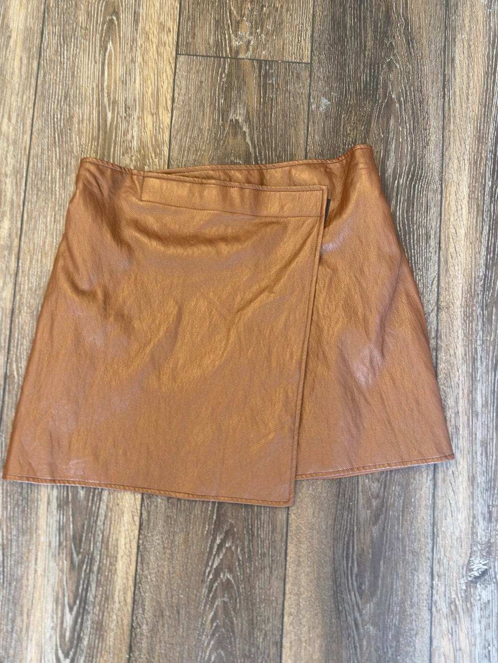 DREW Tan Faux Leather Wrap Mini Skirt